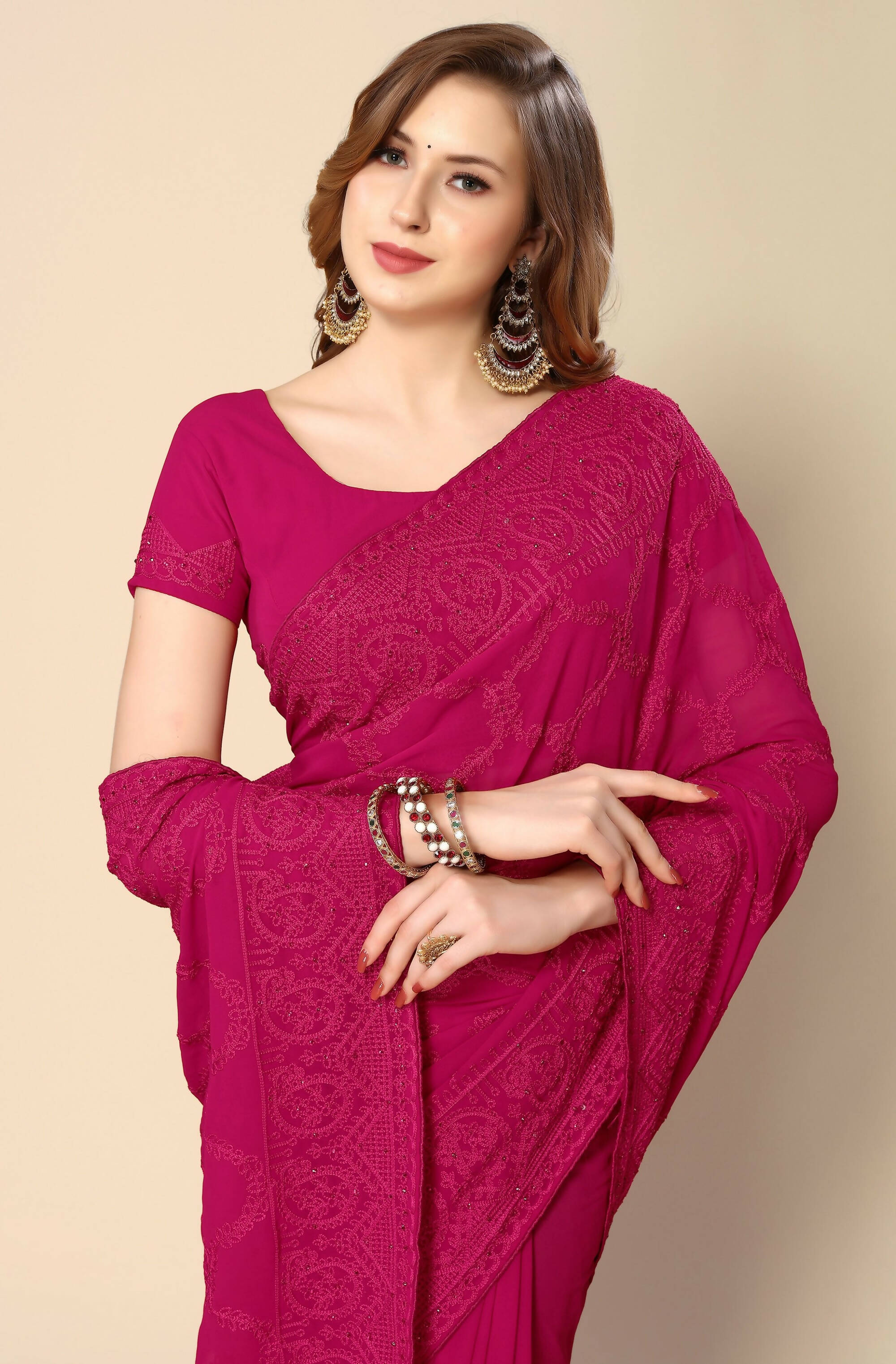 Pink Georgette Embroidered and Stone Work Saree with Unstitched Blouse Piece - Roozal - Distacart