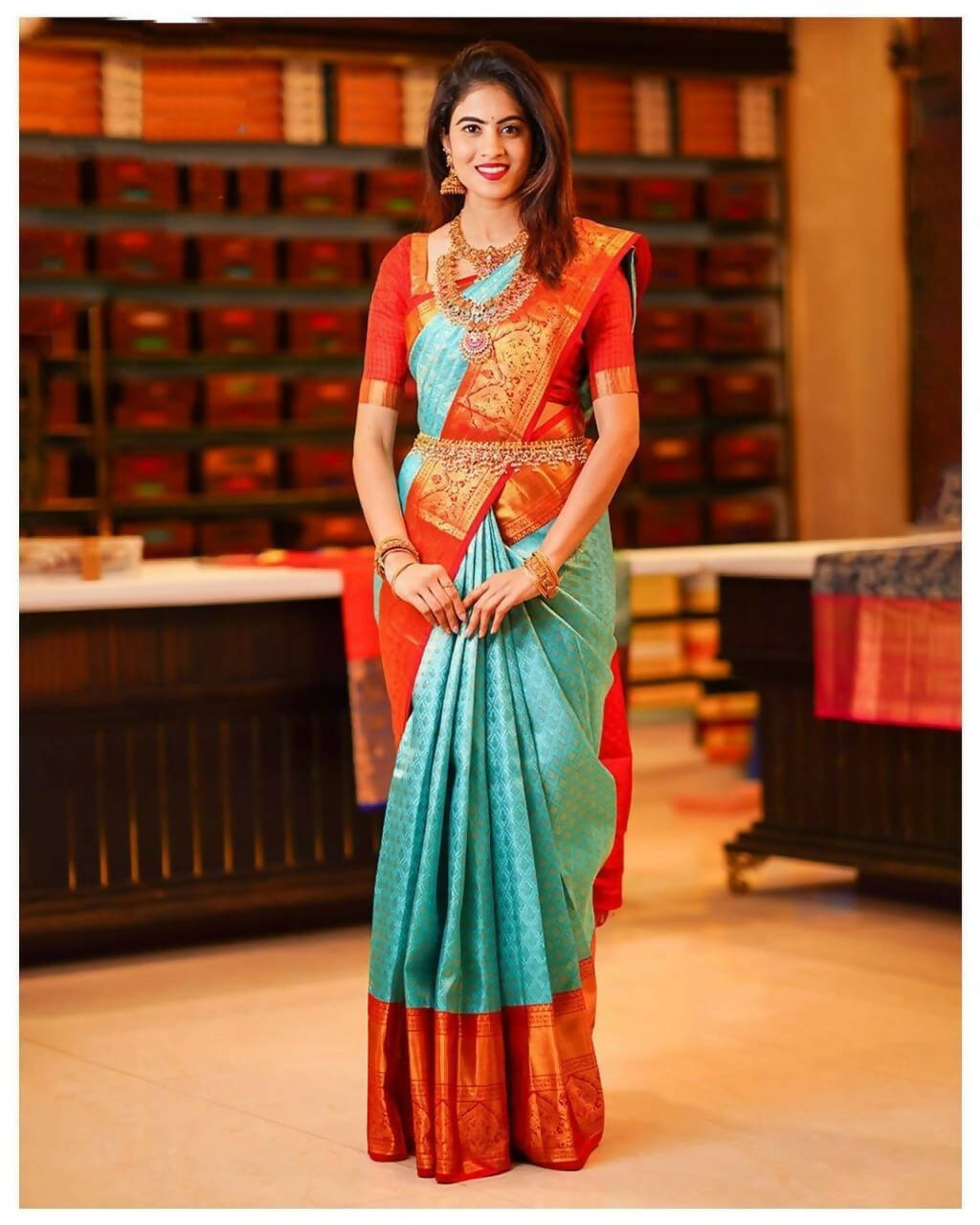DEIANA'S Beautiful Golden Jari with New Design Soft Lichi Silk Saree - Sky - Distacart