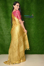 Thumbnail for Very Much Indian Pure Handwoven Organic Tissue Linen Saree - Golden Colour - Distacart