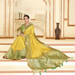Thumbnail for Yellow Satin Silk Zari Embroidery, Laser Cut Borders, Tassels Saree - Norita Alankrita - Distacart