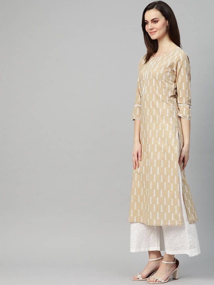 Yufta Women Beige & White Printed Kurta with Palazzo & Dupatta