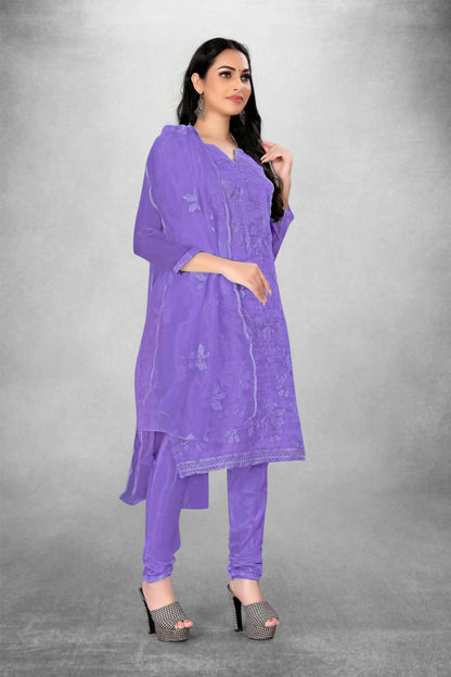 Lavender Heavy Organza Silk Embroidered Unstitched Dress Material - Amara - Distacart
