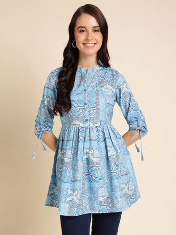 Light Blue Poly Rayon Digital Printed A-line Top - Tarini - Distacart