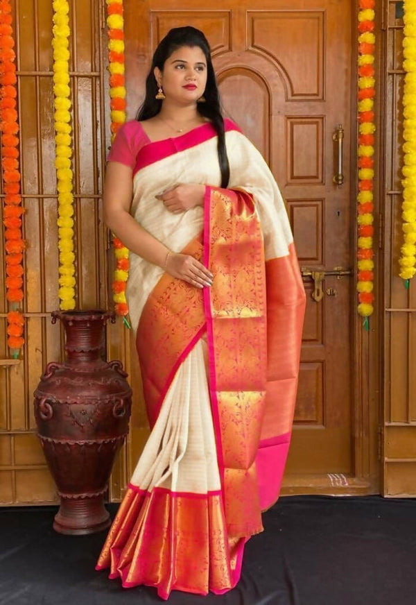 DEIANA'S Beautiful Golden Jari with New Design Soft Lichi Silk Saree - White - Distacart