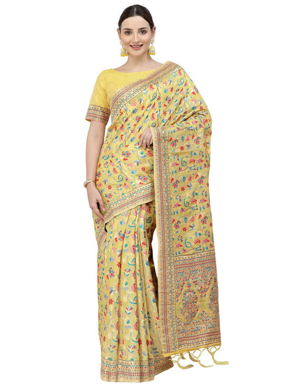 Yellow Silk Blend Woven Design Saree With Unstitched Blouse Piece - Aloki - Distacart