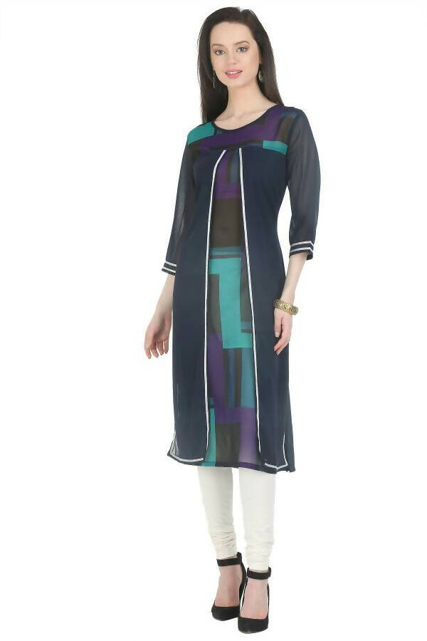 Women's Navy Round Neck Kurti With Double Panel, Silver Lace - G & A Apparels - Distacart