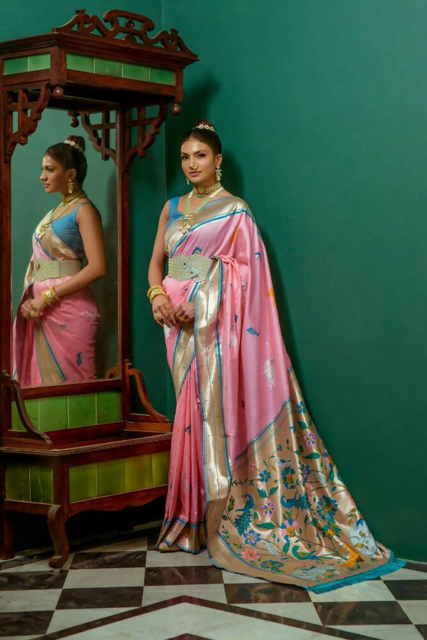 Vishnu Weaves Women's Baby Pink Paithani Silk Zari Woven Saree with Unstitched Blouse - Distacart