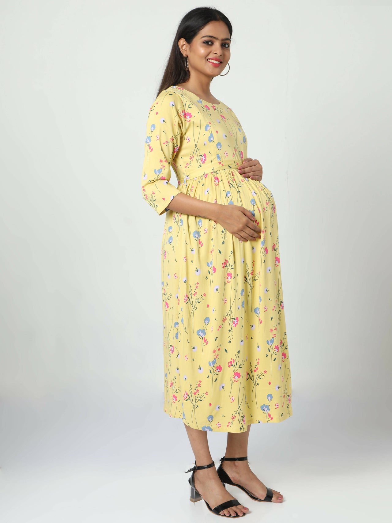 Manet Three Fourth Maternity Dress Floral Print With Concealed Zipper Nursing Access - Yellow - Distacart