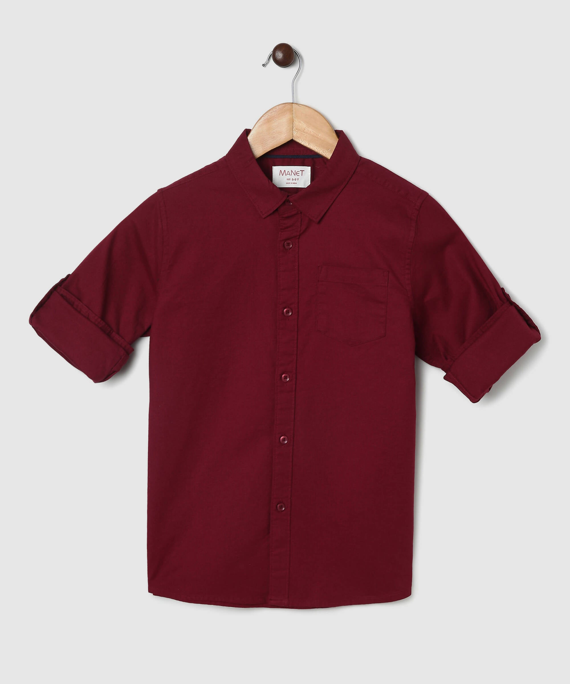 Manet Boys Mandarin Collar Full Sleeves Melange Shirt - Maroon - Distacart