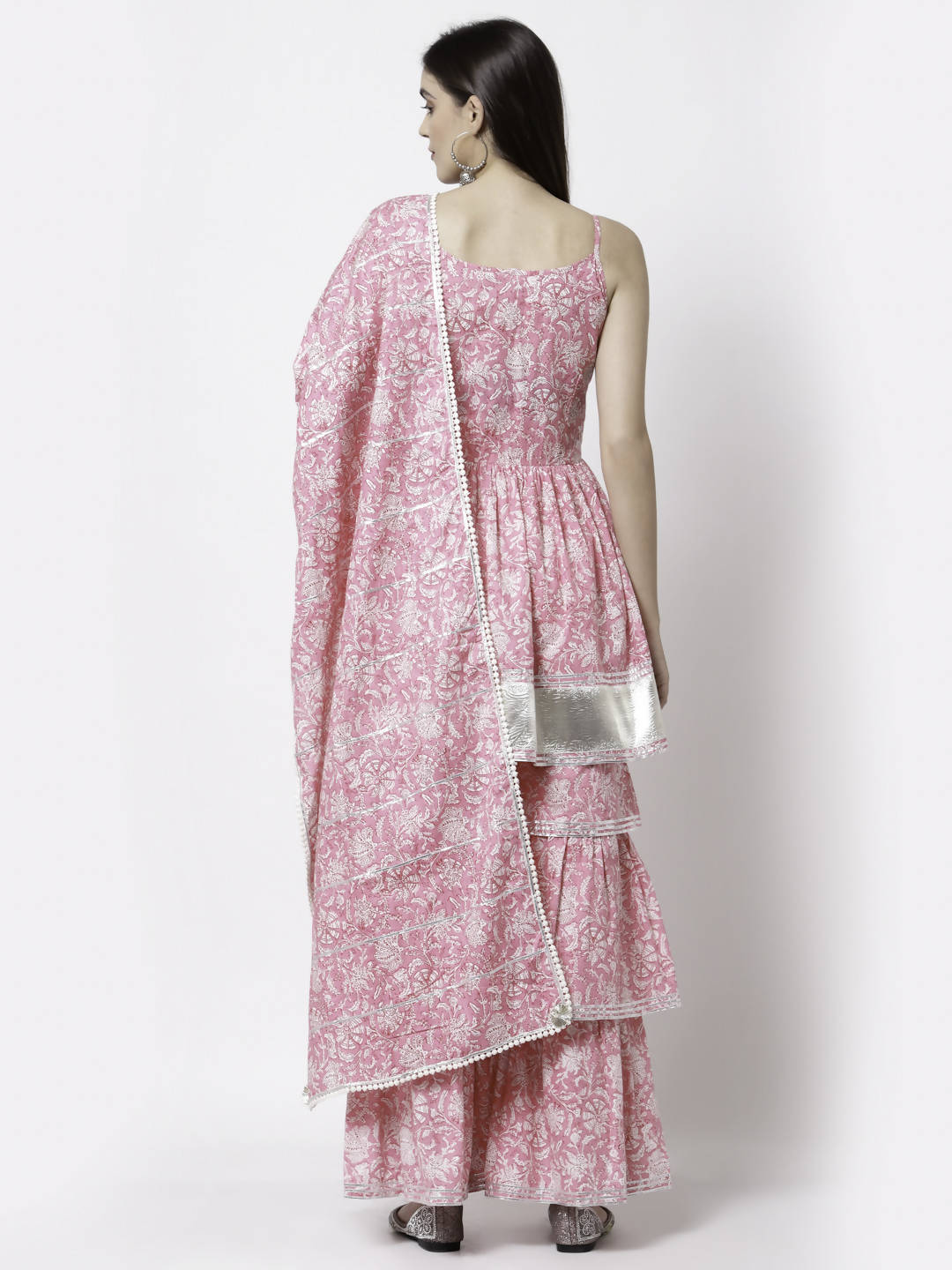 Myshka Women Pink Pure Cotton Printed Sleeveless Round Neck Kurta With Sharara & Dupatta Set