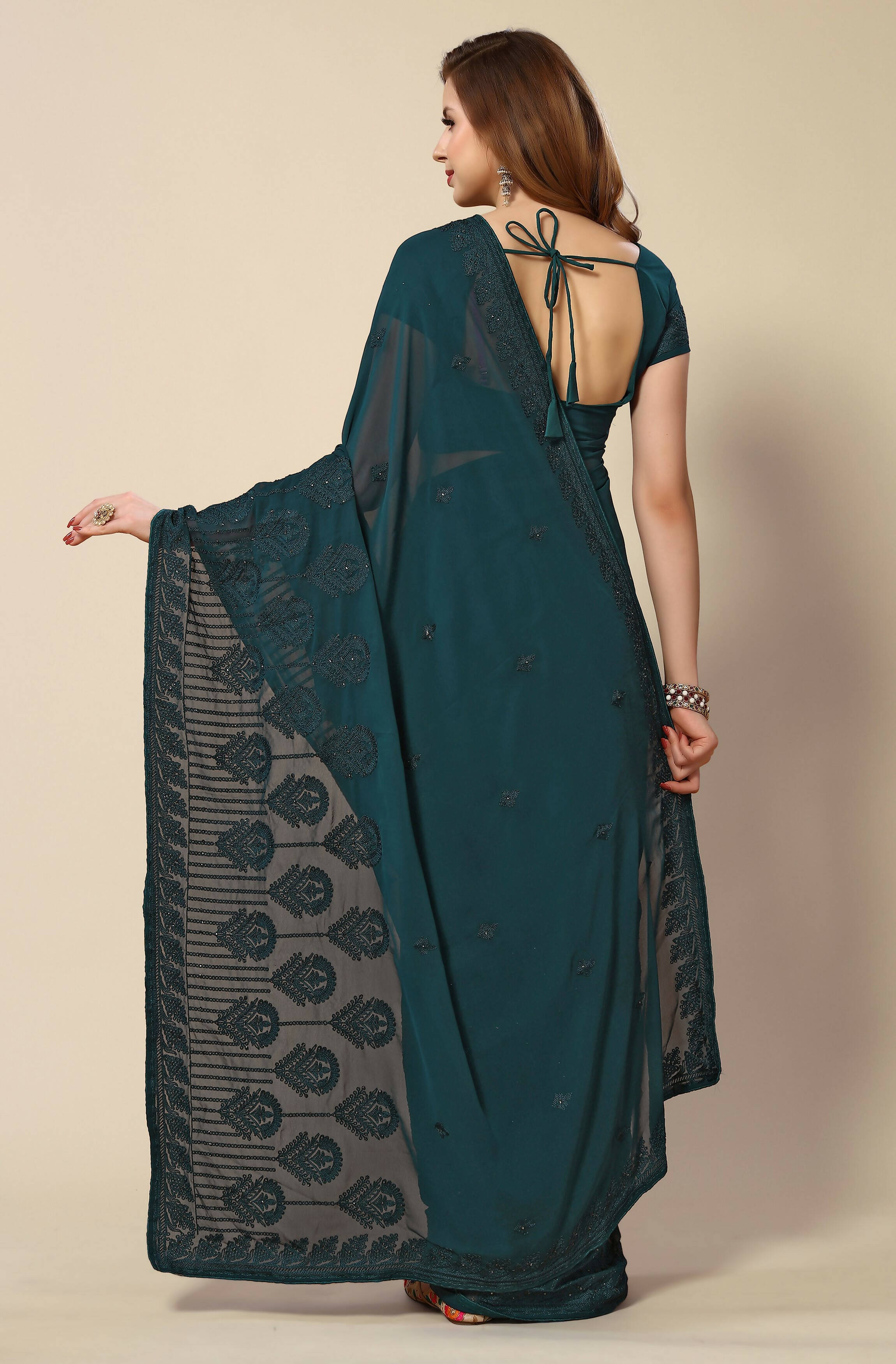 Teal Georgette Embroidered and Stone Work Saree with Unstitched Blouse Piece - Roozal - Distacart