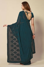 Thumbnail for Teal Georgette Embroidered and Stone Work Saree with Unstitched Blouse Piece - Roozal - Distacart