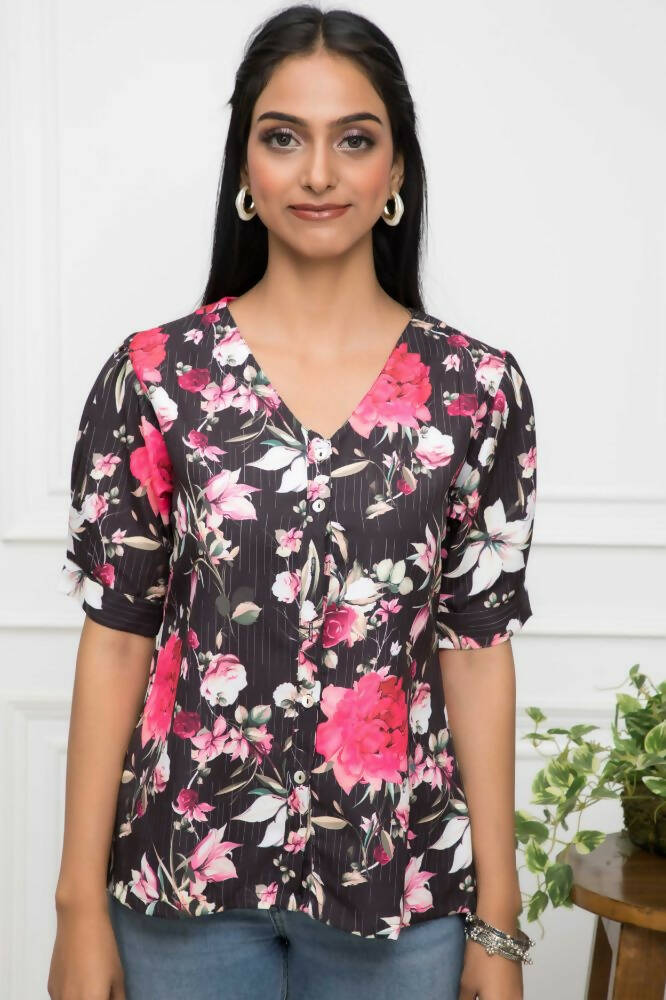 Myshka Women V-Neck Regular Sleeves Viscose Rayon Black Floral Top - Distacart