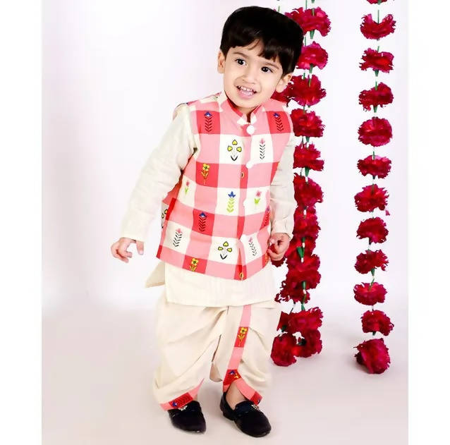 Little Bansi Cream Color Floral Check Jacket with Kurta and Dhoti