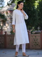 Thumbnail for Juniper Women's White Cotton Slub Embroidered Straight Kurta - Distacart