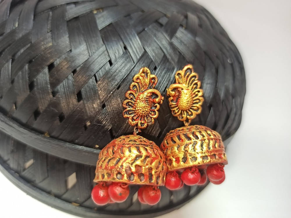 Terracotta Peacock Stud Ethnic Jhumkas-Gold Red