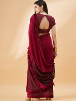Thumbnail for Maroon Lycra Embossed Fancy Velvet, Sequins Embroidery, Frill Details Saree - Norita Hit Design - Distacart
