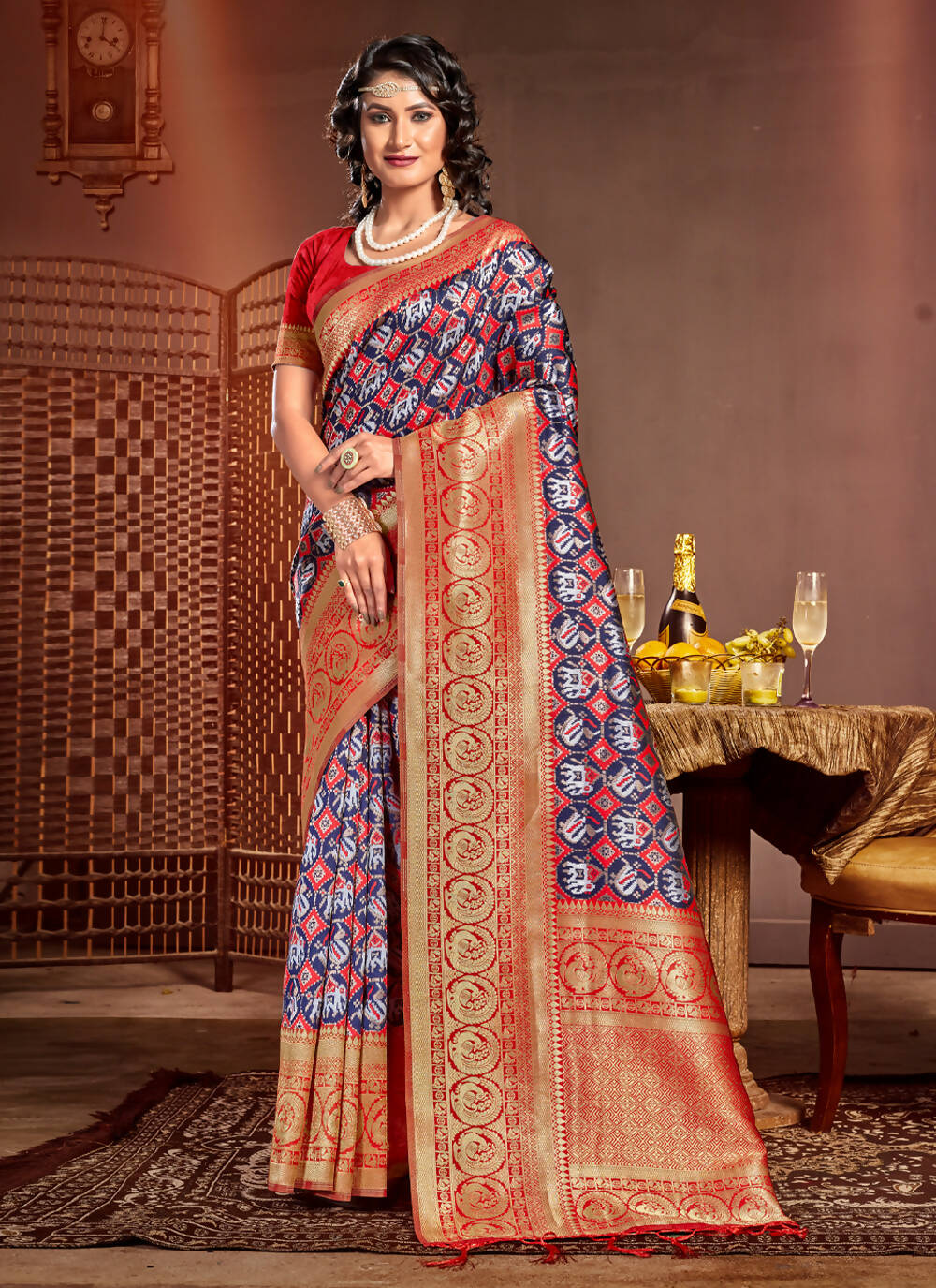 Blue Patola Silk Zari Woven Design Saree with Unstitched Blouse Piece - Aachal - Distacart
