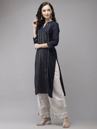 Yufta Women Navy Blue Regular Sequinned Kurta with Palazzo