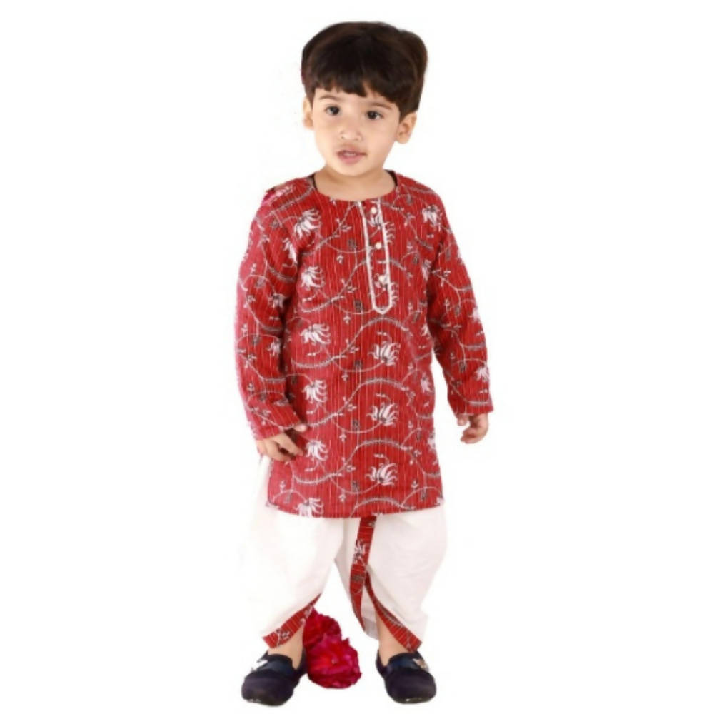 Little Bansi Brown and White Color Bengali Kantha work floral kurta with Dhoti