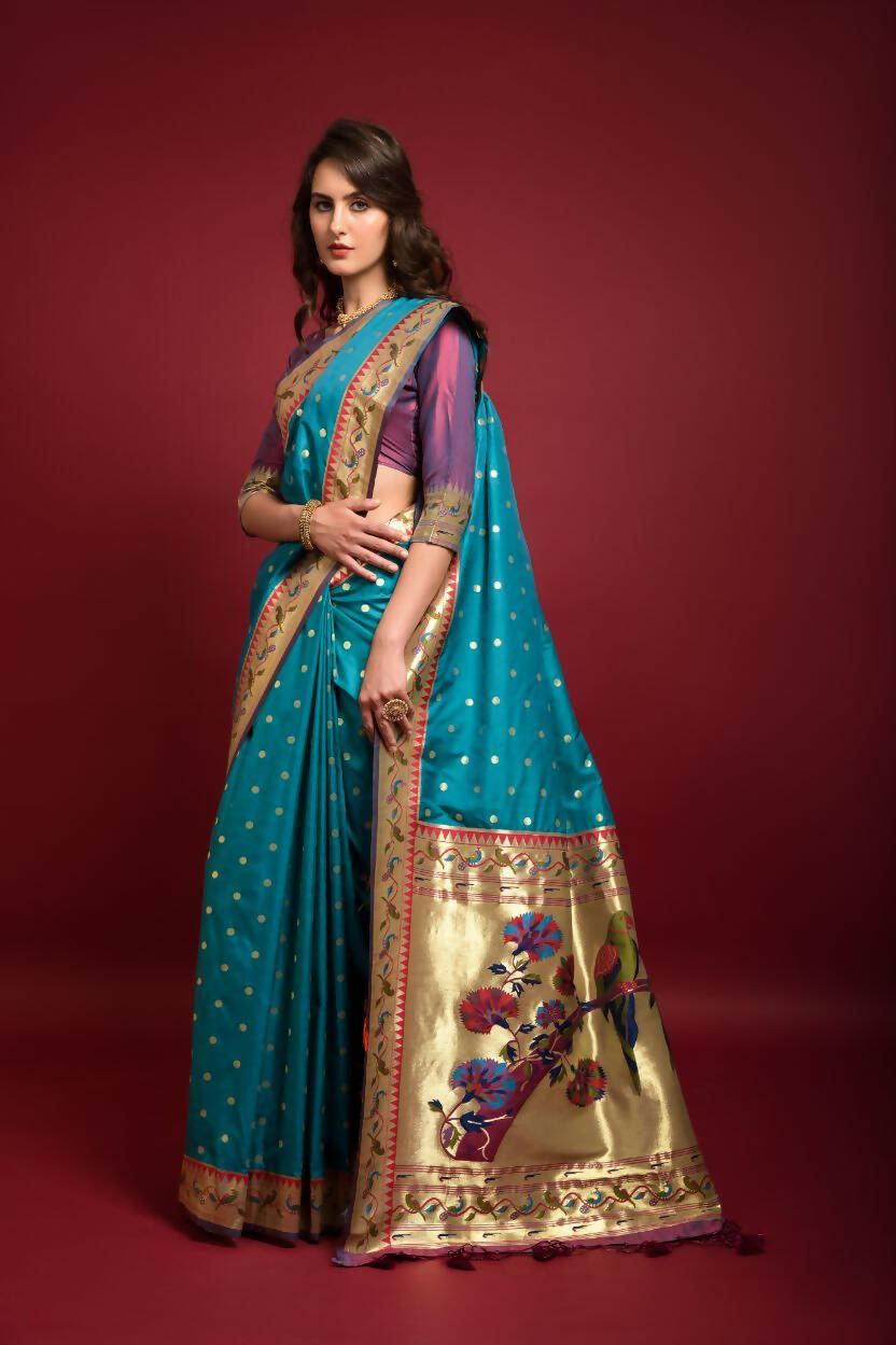 Vishnu Weaves Women's Rama Paithani Silk Zari Woven Saree with Unstitched Blouse - Distacart