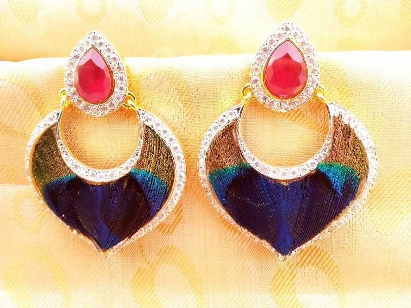 AD Ruby Peacock Feather Earrings