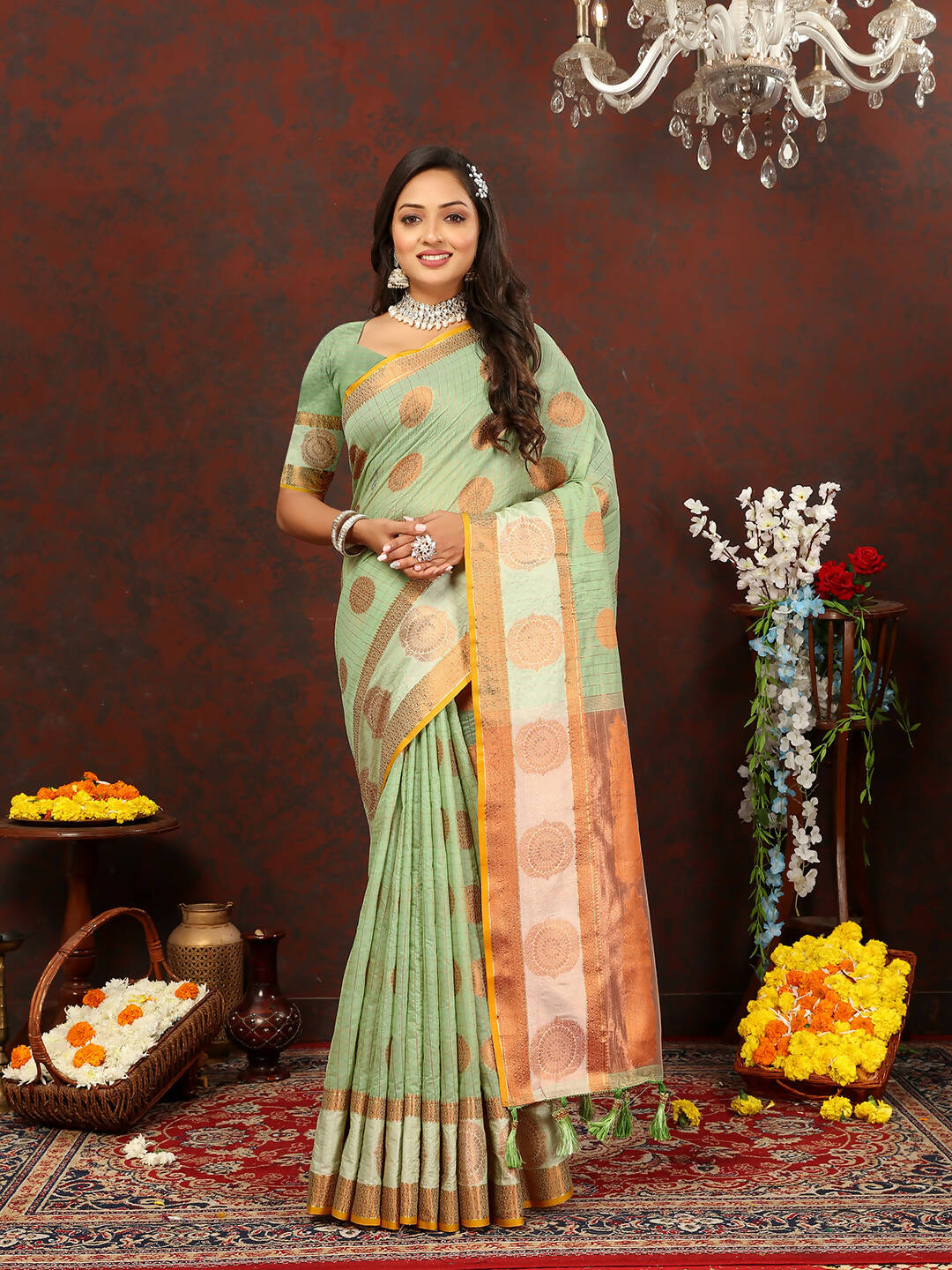 Lorenvalley Fashion Seagreen Cotton with Woven Design Zari Weaving Saree - Distacart
