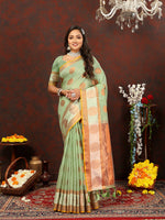 Thumbnail for Lorenvalley Fashion Seagreen Cotton with Woven Design Zari Weaving Saree - Distacart