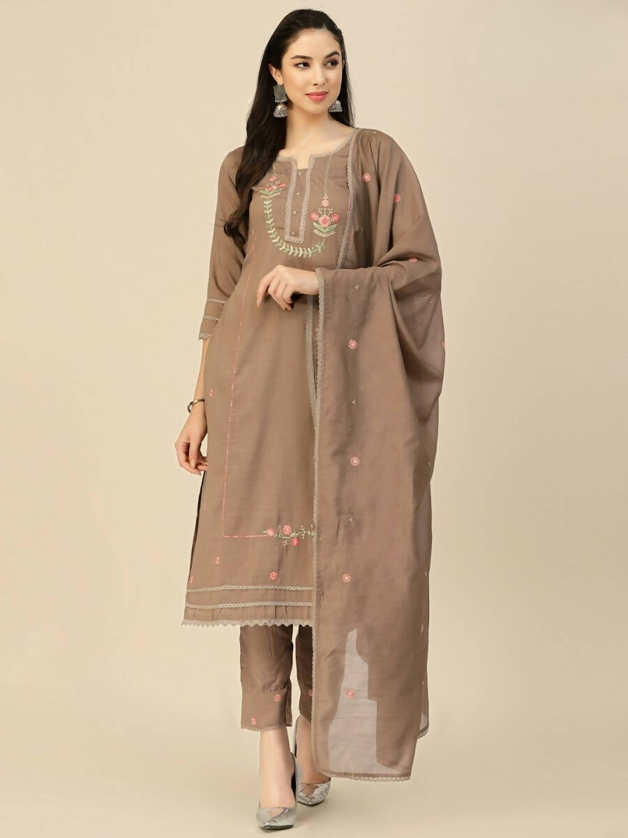 Brown Embroidered Chinon Straight Kurta With Trouser & Dupatta - Salimar - Distacart