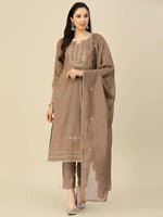 Thumbnail for Brown Embroidered Chinon Straight Kurta With Trouser & Dupatta - Salimar - Distacart