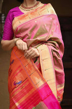 Thumbnail for Very Much Indian Handloom Silk Muniya Border Paithani Dual Tone Beautiful Pink Green - Distacart