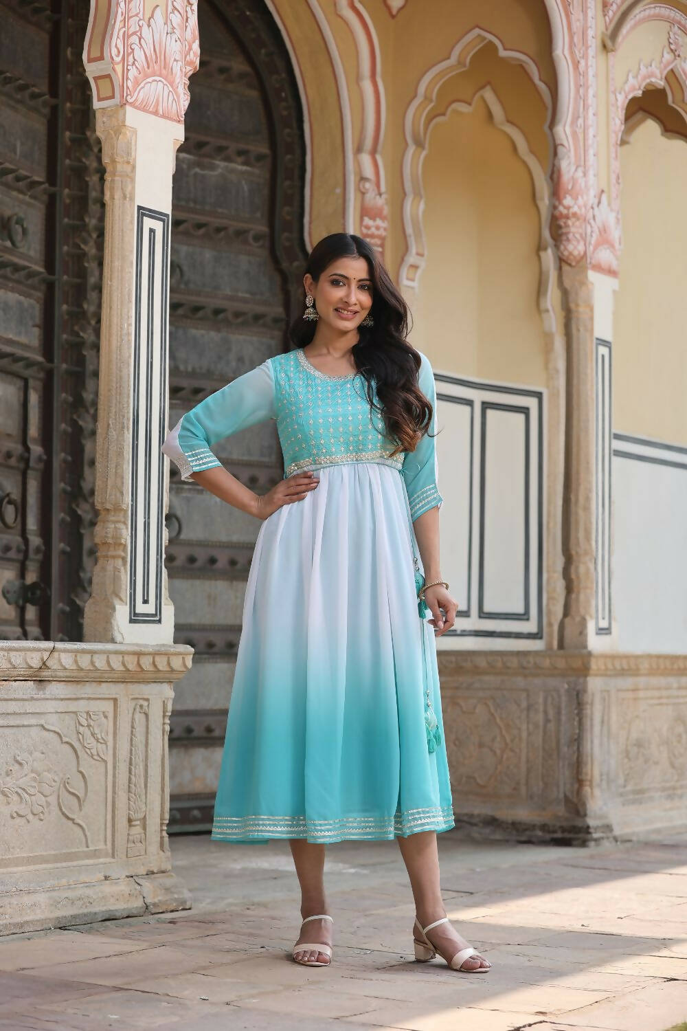 Juniper Women Teal Georgette Embroidered Maxi Dress - Distacart