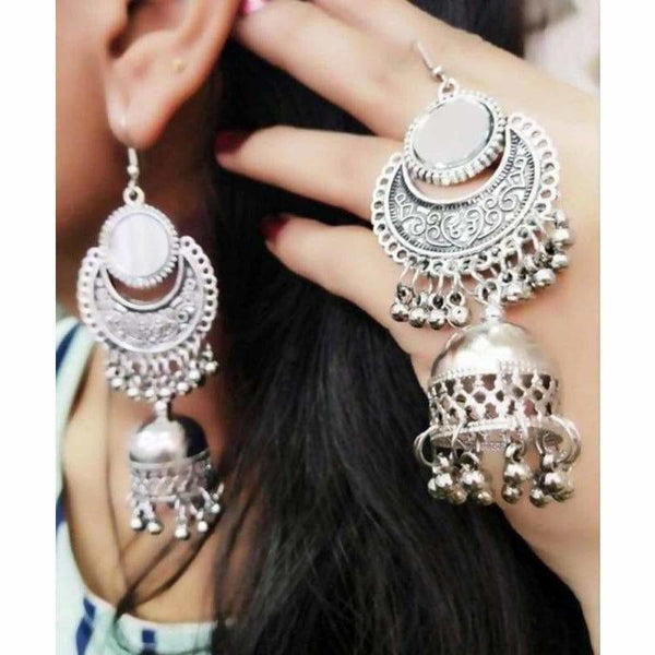 Traditional Oxidized Silver Jhumka Mirror Earrings