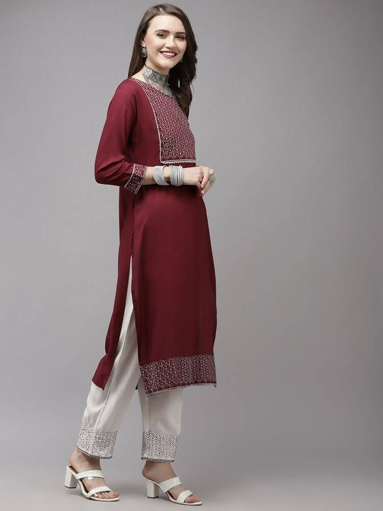 Yufta Women Burgundy Yoke Design Regular Sequinned Kurta with Palazzos & With Dupatta