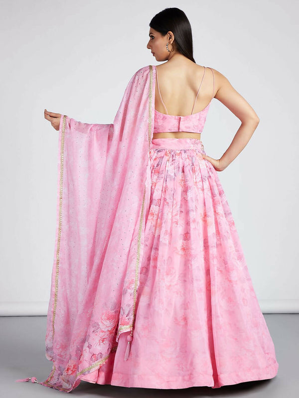 House of Panchhi Coral colour Organza Floral design digital print Semi-Stitched Lehenga choli & Dupatta - Distacart