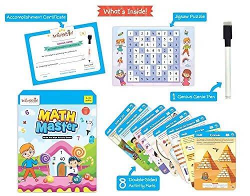 Braintastic Educational Game: Math Master (6-99 Years) Write & Wipe Reusable Activity Sheets with Free Puzzle for Kids - Distacart