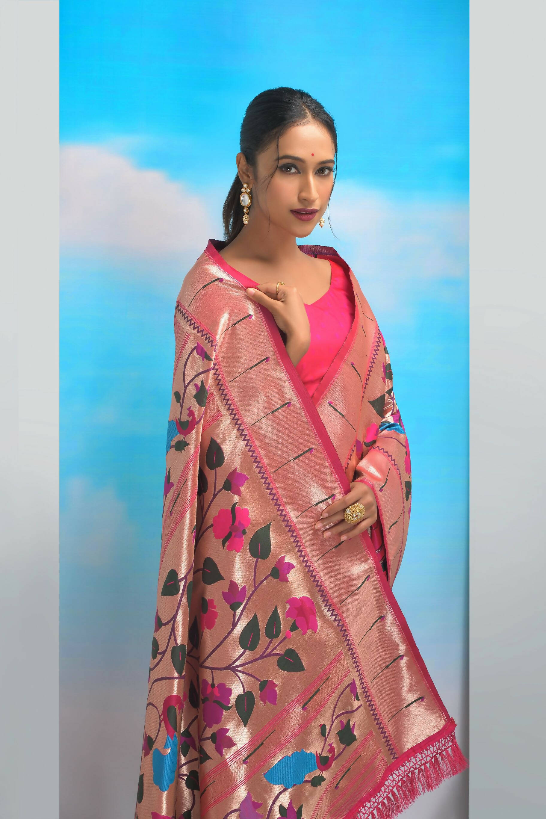 Vishnu Weaves Women's Pink Paithani Silk Minakari Zari Woven Saree with Unstitched Blouse - Distacart