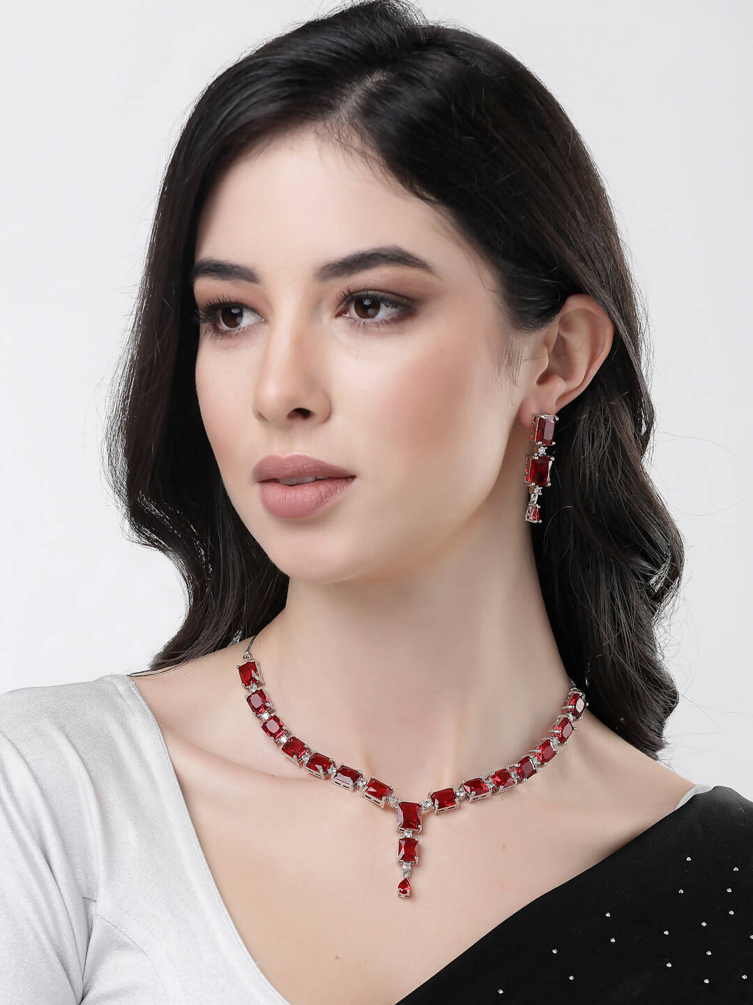 NVR Women Silver Plated & Maroon Cz Stone Handcrafted Jewellery Set - Distacart