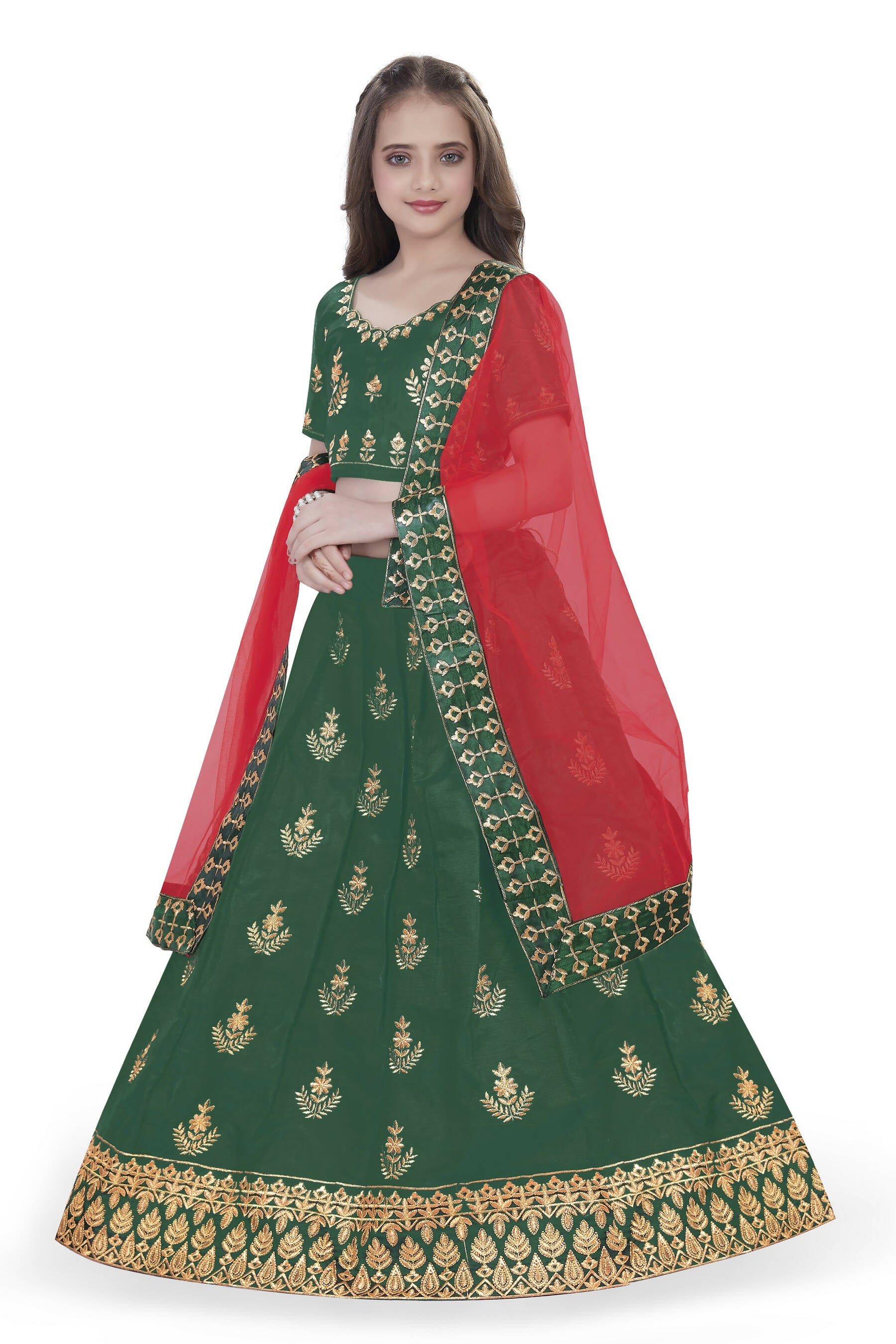 Dwiden Green Kamal Tafetta Sattin Semi-Stitched Girl's Lehenga Choli - Distacart