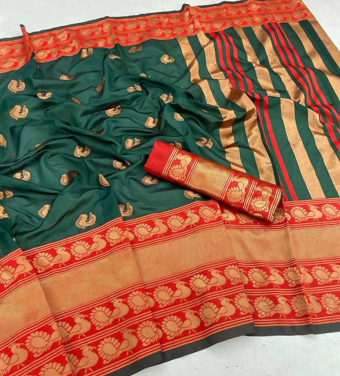 DEIANA'S Beautiful Golden Jari with New Design Soft Lichi Silk Saree - Green - Distacart