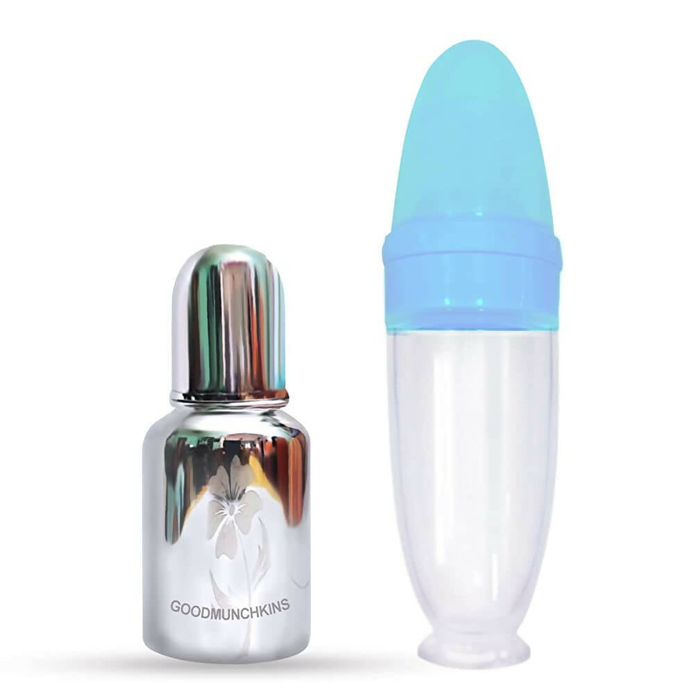 Goodmunchkins Stainless Steel Feeding Bottle 304 Grade Jointless & Spoon Food Feeder for Baby Nipple Feeder 150 ml Combo Pack-Blue - Distacart