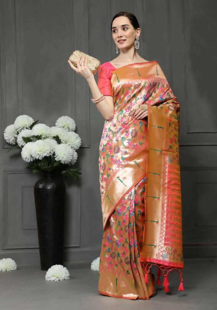 Vishnu Weaves Women's Peach Paithani Silk Zari Woven Saree with Unstitched Blouse - Distacart