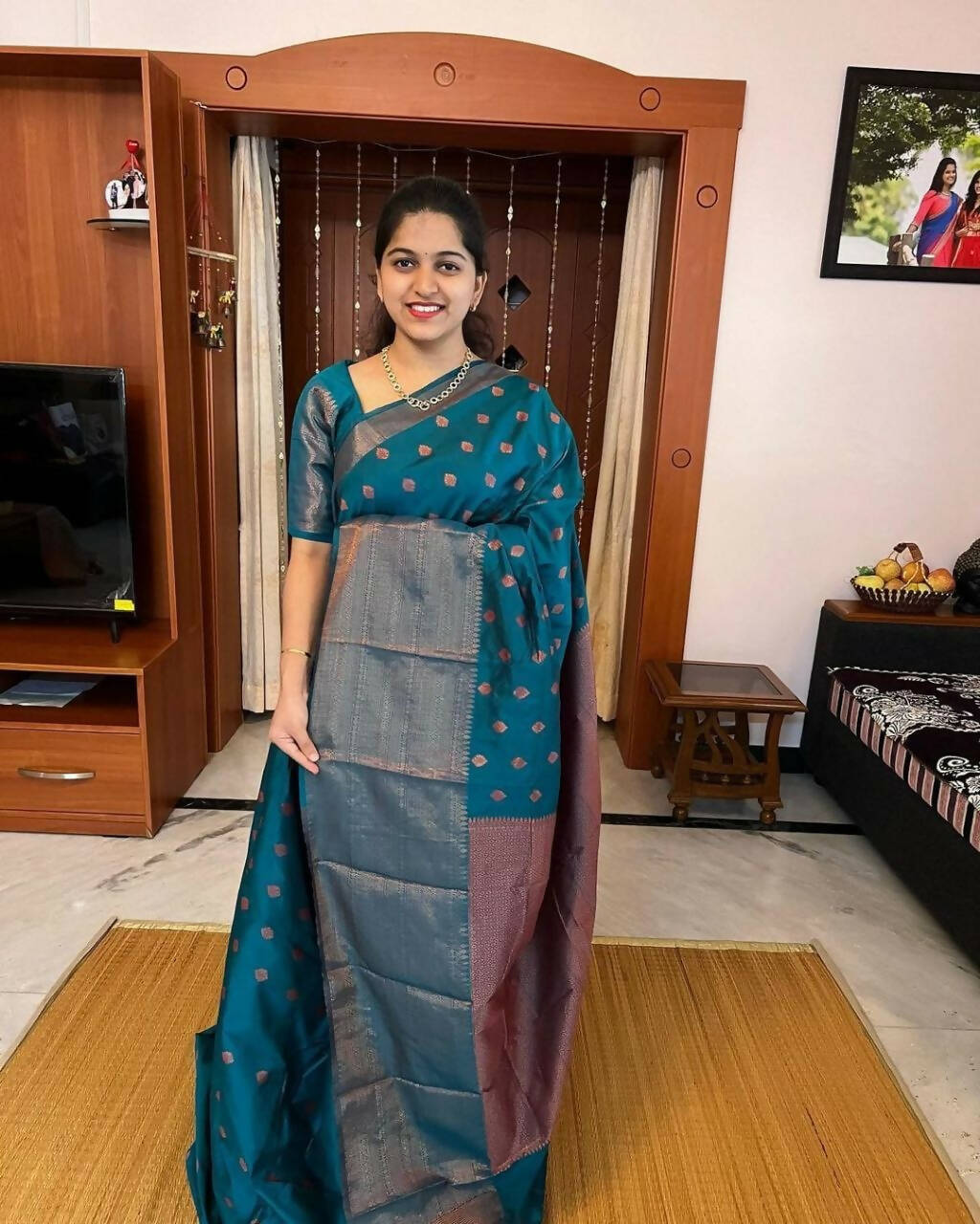 DEIANA'S Beautiful Golden Jari with New Design Soft Lichi Silk Saree - Teal - Distacart