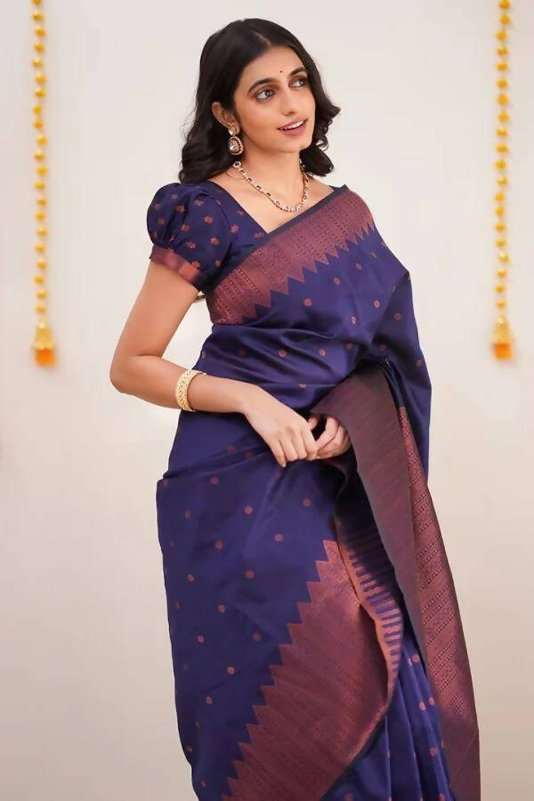 DEIANA'S Beautiful Golden Jari with New Design Soft Lichi Silk Saree - Navy Blue - Distacart
