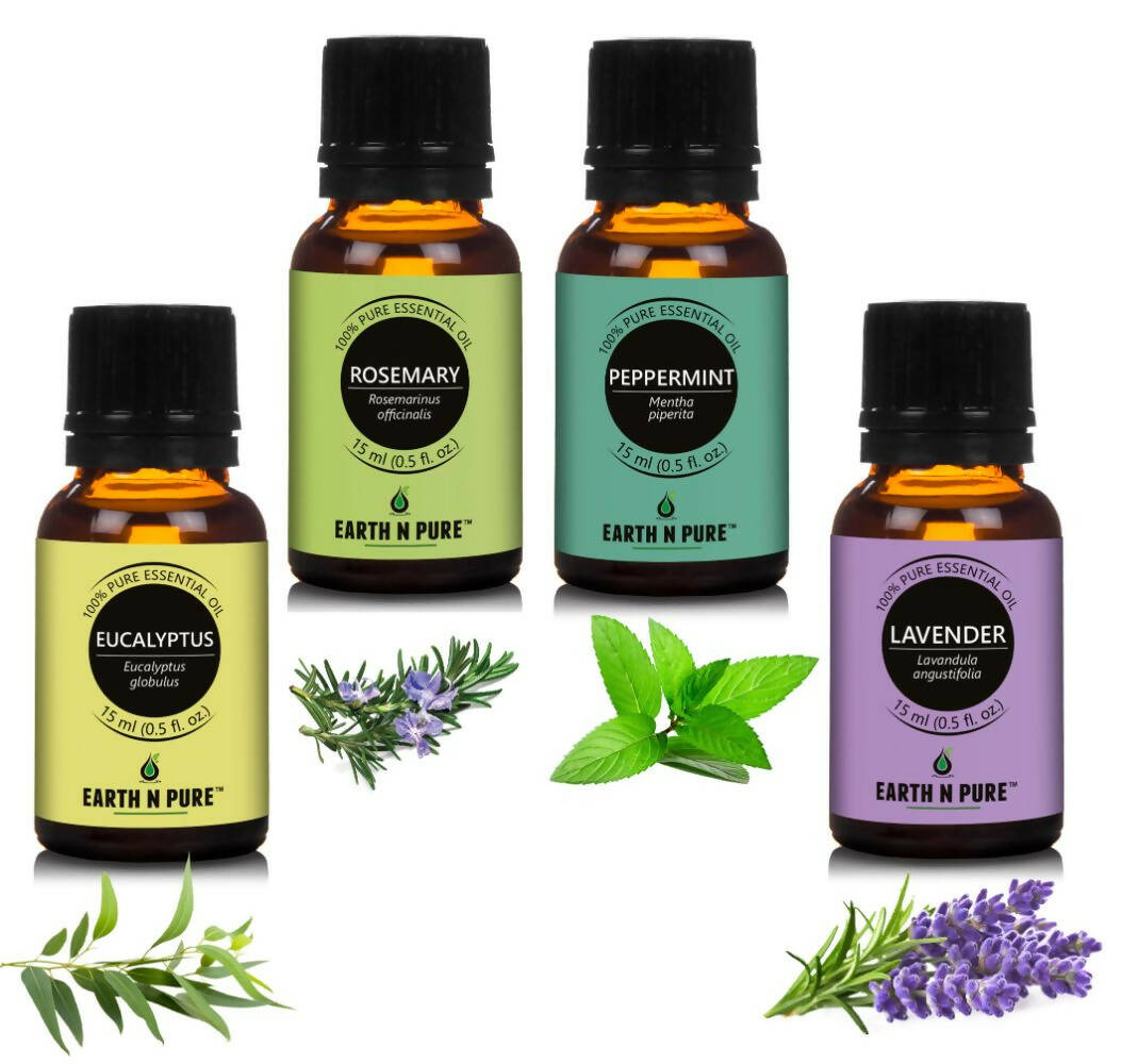 Earth N Pure Essential Oils (Eucalyptus, Rosemary, Lavender & Peppermint) Combo - Distacart