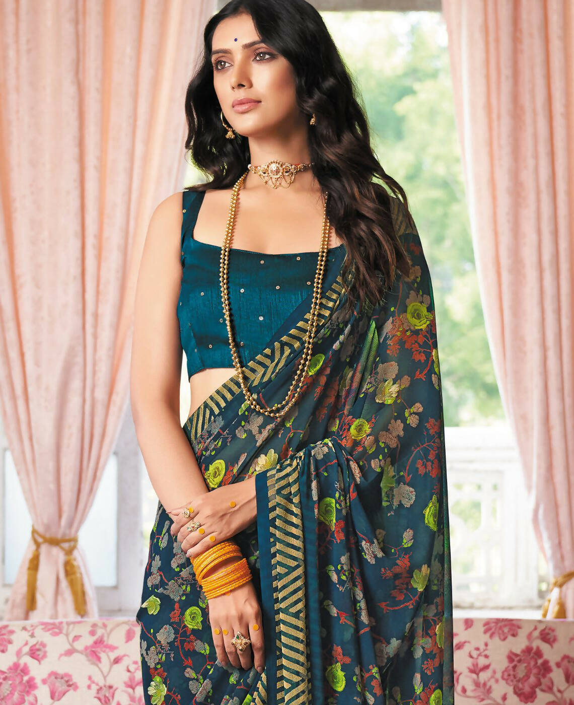 Blue Georgette Brasso Floral Printed Saree With Unstitched Blouse Piece - Zyanya - Distacart