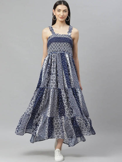 Myshka Navy Blue And White Geometric Printed Maxi Tiered Dress - Distacart