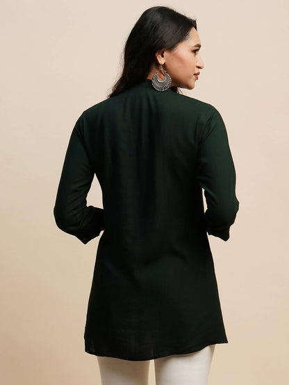 Dark Green Rayon Embroidered Top - Tarini - Distacart