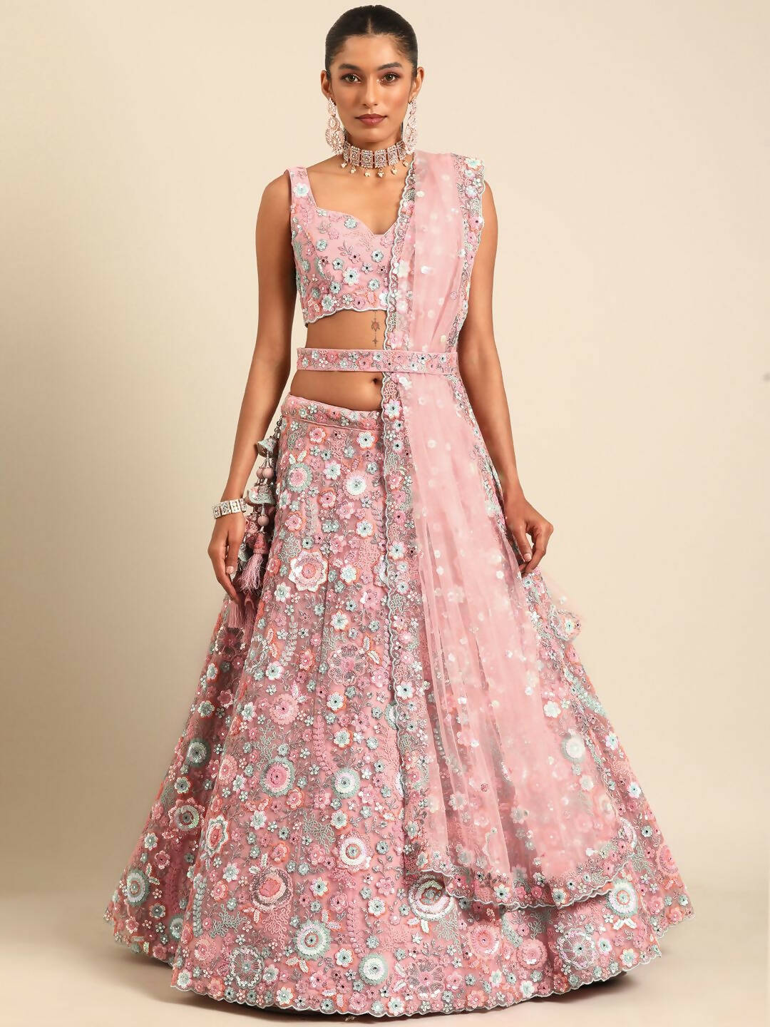 House of Panchhi Pink Net Sequins, Mirror and thread embroidery Lehenga choli & Dupatta - Distacart