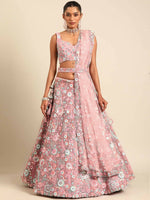 Thumbnail for House of Panchhi Pink Net Sequins, Mirror and thread embroidery Lehenga choli & Dupatta - Distacart